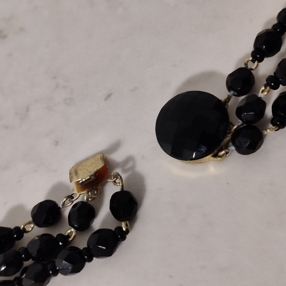 Vintage 60s Jet Black Crystal Graduated Triple Stand Necklace - Picture 8 of 13
